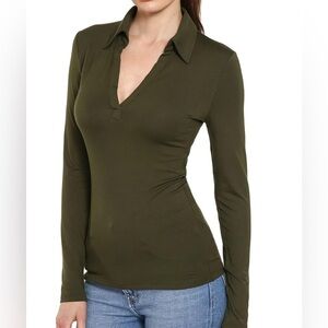 AmélieBoutik Women Collar V Neck Long Sleeve Polo Shirt. Olive Green Size M